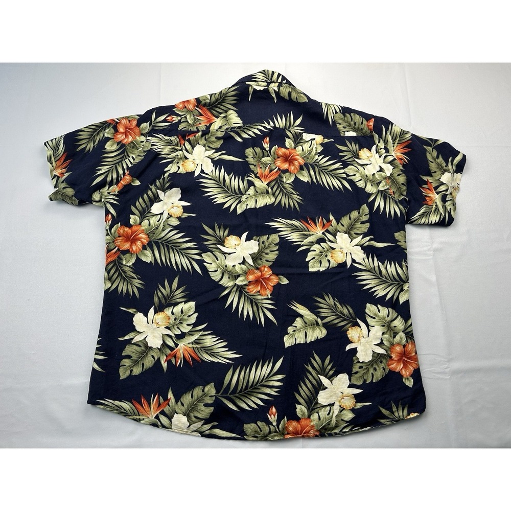 Alex Cannon Hawaiian Camp Shirt Large Tropical Floral Linen Rayon Aloha Navy - Picture 2 of 14